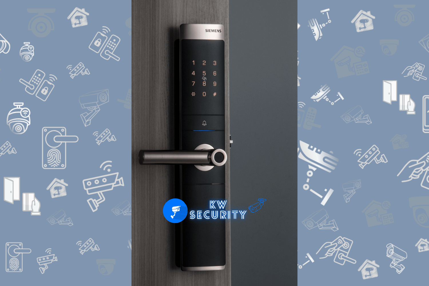 قفل باب ذكي أسود يعمل بالبصمة على باب أبيض