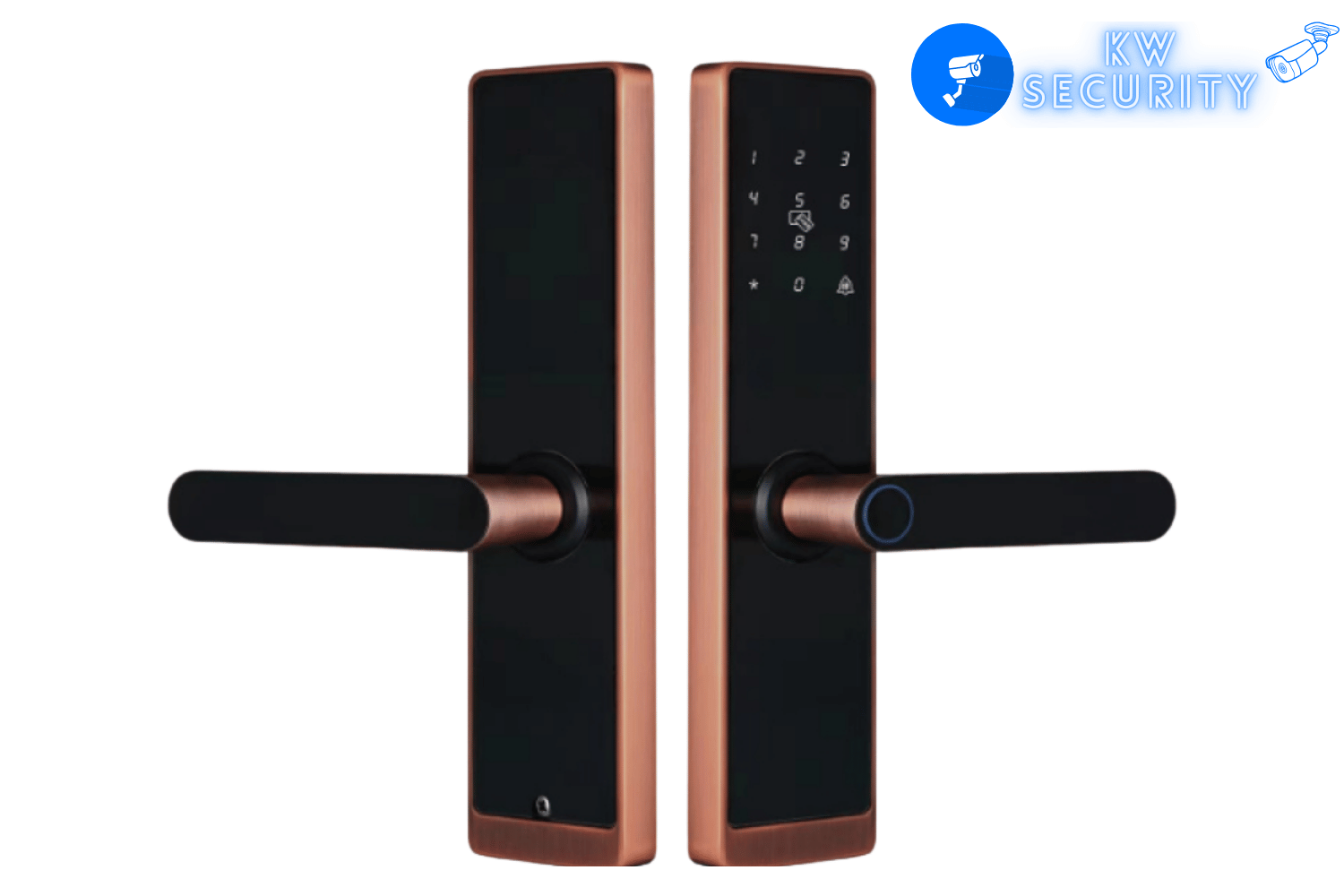 قفل باب ذكي إلكتروني أسود اللون مثبت على باب خشبي-الكويت-فني تركيب كاميرات مراقبة-فني تركيب أنظمة حماية-فني تركيب اقفال ذكية